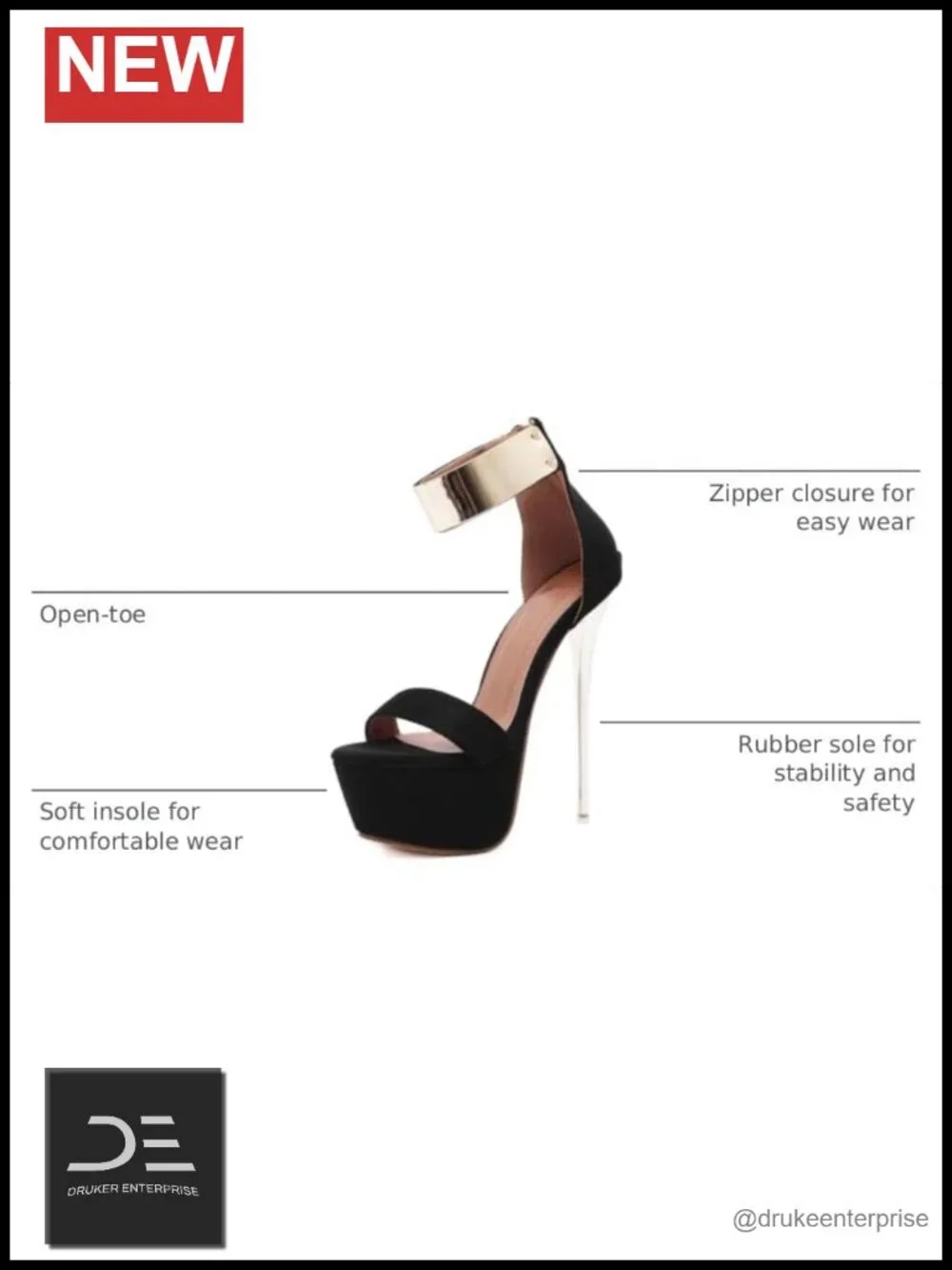 Black Platform Heeled Sandals for Women 6.3 Inch Open Toe Zipper Ankle Strap